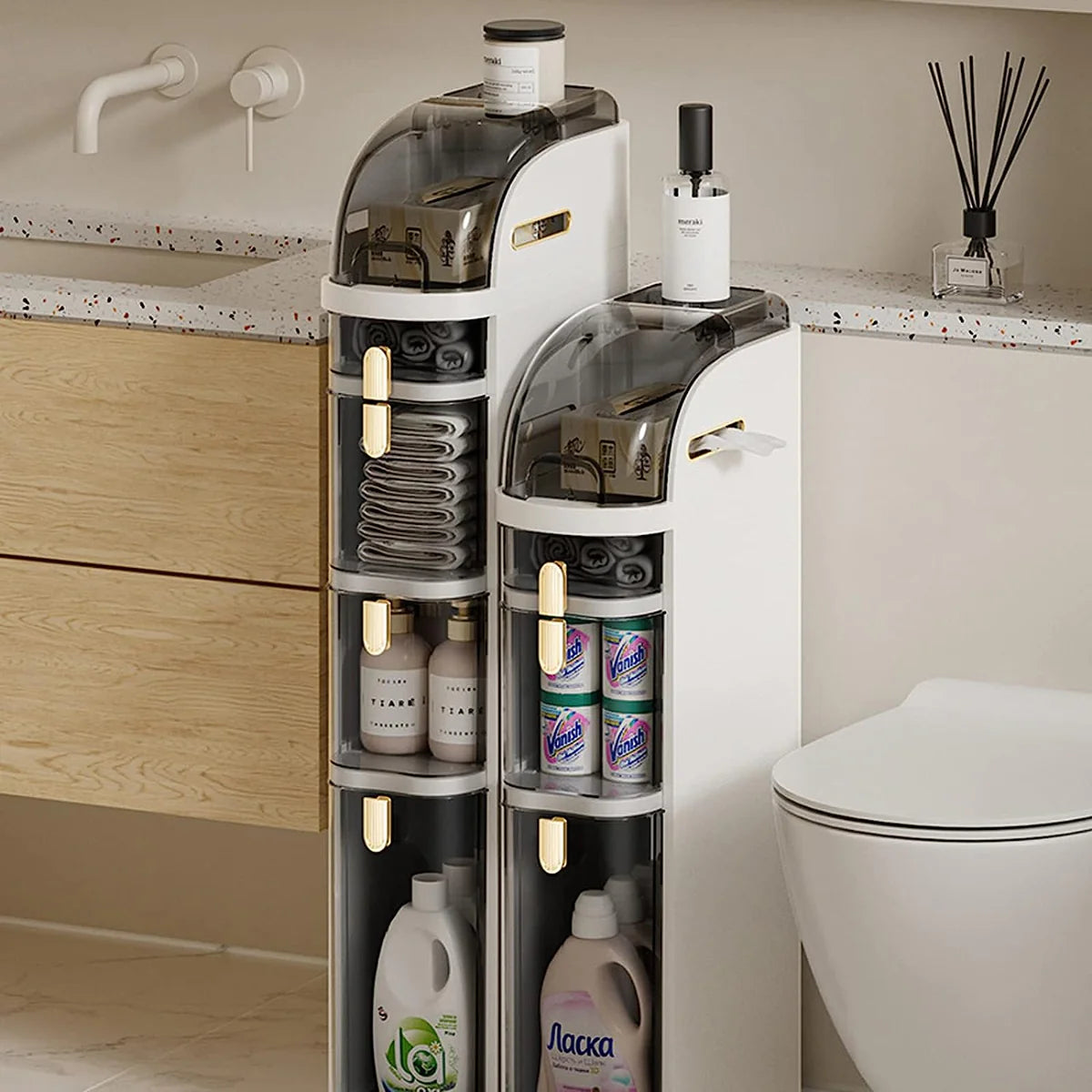 Tower Cabinet Organizer,Narrow Slim Gap Side Rolling Storage with Clear Drawers for Small Space