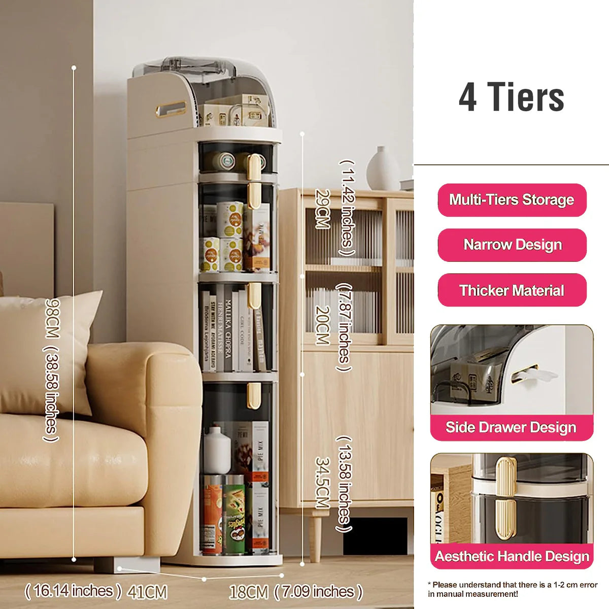 Tower Cabinet Organizer,Narrow Slim Gap Side Rolling Storage with Clear Drawers for Small Space