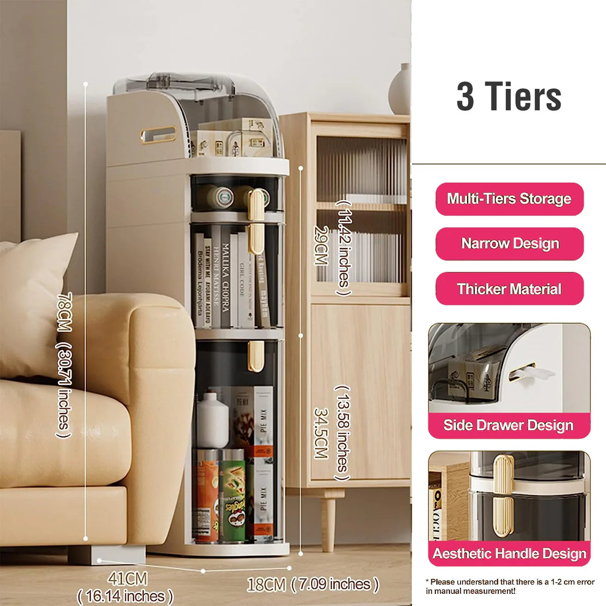 Tower Cabinet Organizer,Narrow Slim Gap Side Rolling Storage with Clear Drawers for Small Space