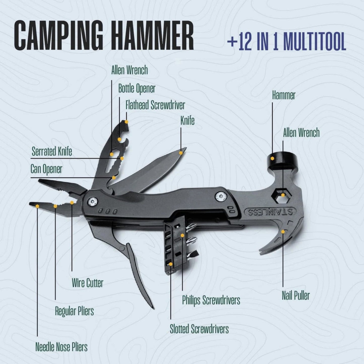 Outdoor Multitool Claw Hammer - Portable Folding Camping Hammer with 14 Functions for Camping, Hiking, Hunting