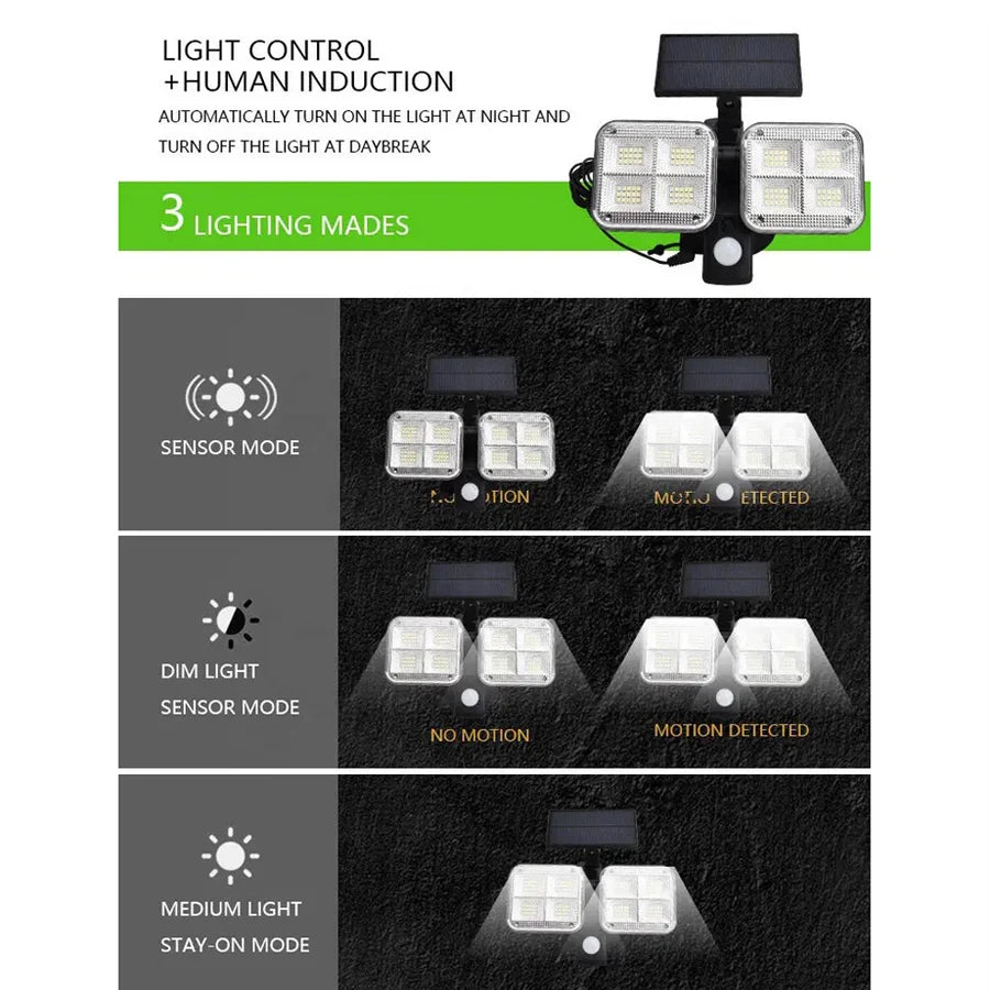 مصباح LED يعمل بالطاقة الشمسية مع مستشعر الحركة - مصباح يعمل بالطاقة الشمسية للاستخدام الداخلي والخارجي ومقاوم للماء مع رأس قابل للتعديل 