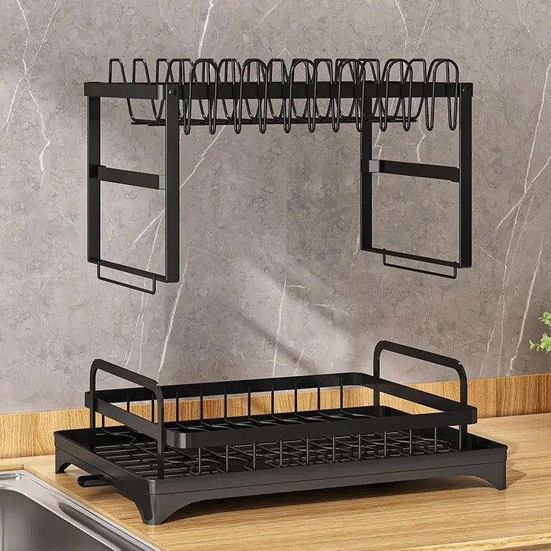 Dish Drying Rack 2 Tier with Cutlery Holder, Cup Rack, Drainboard