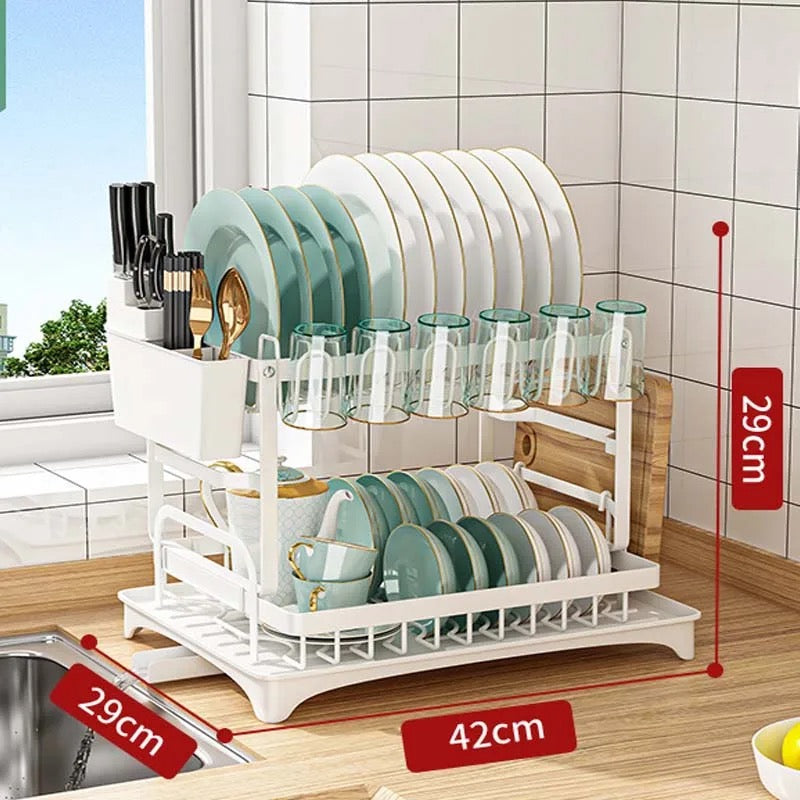 Dish Drying Rack 2 Tier with Cutlery Holder, Cup Rack, Drainboard