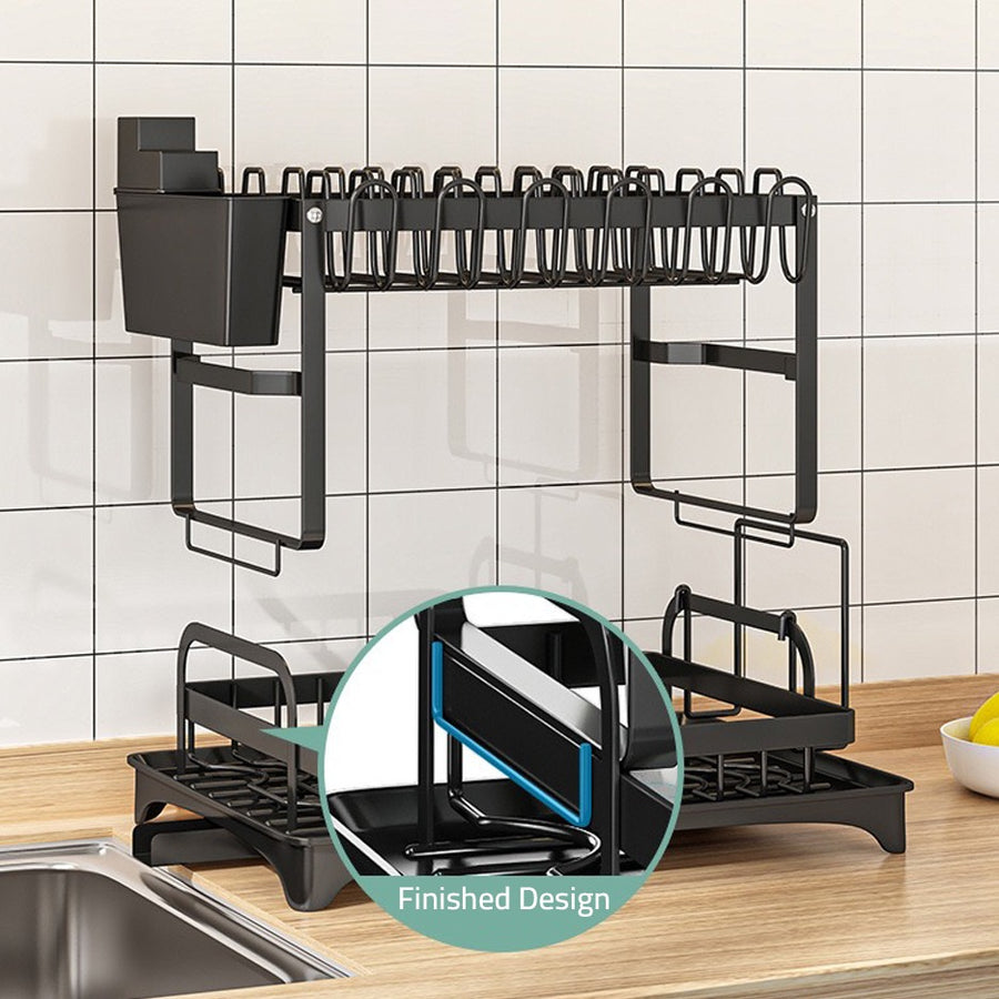 Dish Drying Rack 2 Tier with Cutlery Holder, Cup Rack, Drainboard