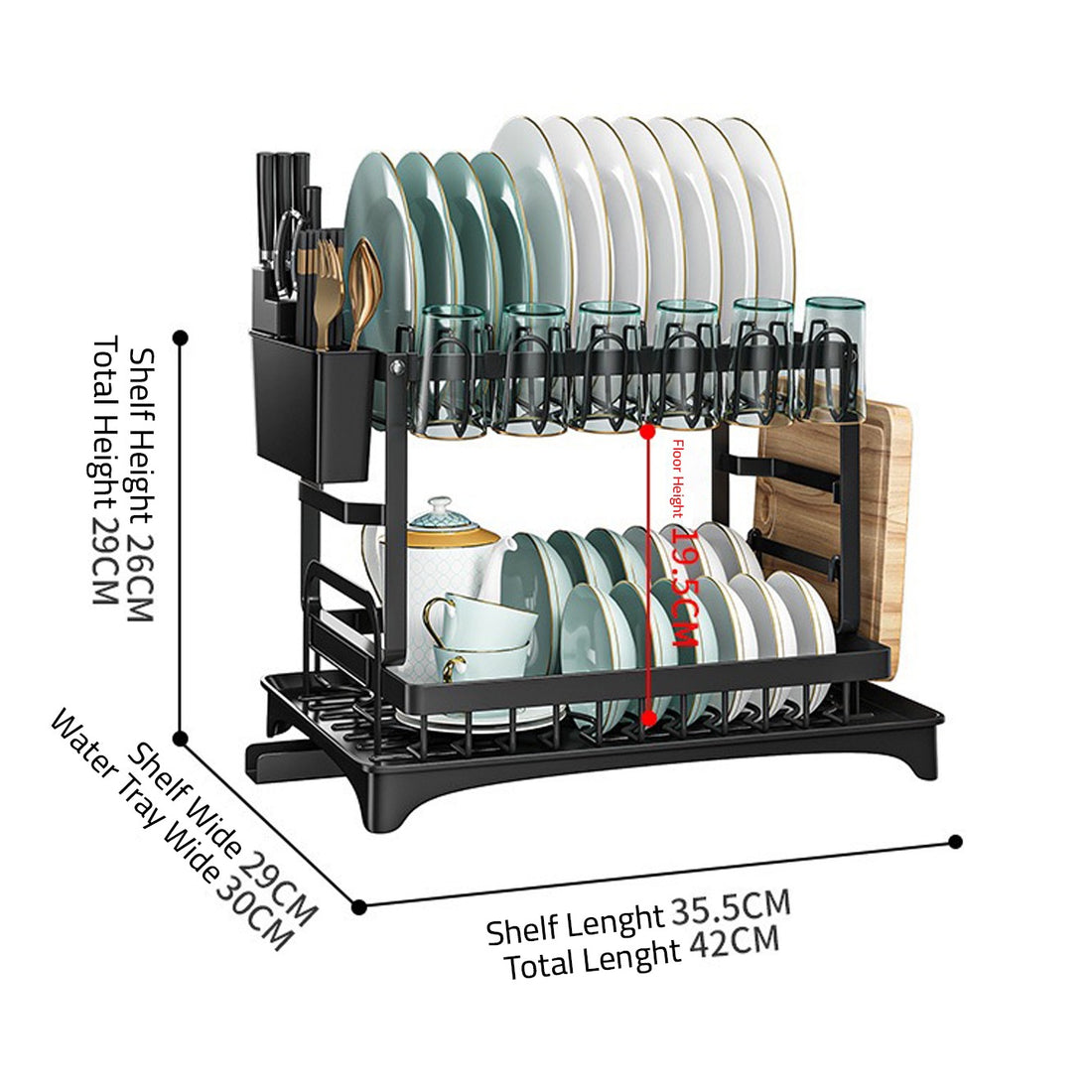 Dish Drying Rack 2 Tier with Cutlery Holder, Cup Rack, Drainboard