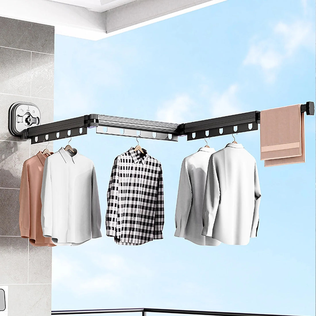 Retractable Suction Cup Clothes Drying Rack - Folding Laundry Rack with Extension Pole