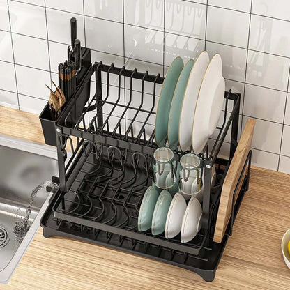 Dish Drying Rack 2 Tier with Cutlery Holder, Cup Rack, Drainboard