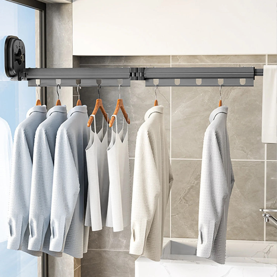 Retractable Suction Cup Clothes Drying Rack - Folding Laundry Rack with Extension Pole