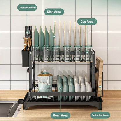 Dish Drying Rack 2 Tier with Cutlery Holder, Cup Rack, Drainboard