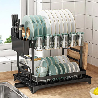 Dish Drying Rack 2 Tier with Cutlery Holder, Cup Rack, Drainboard