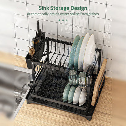 Dish Drying Rack 2 Tier with Cutlery Holder, Cup Rack, Drainboard